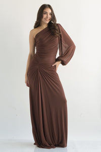 Fashion Styled Vestido largo mesh drapeado asimétrico Espresso