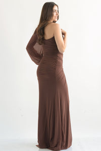 Fashion Styled Vestido largo mesh drapeado asimétrico Espresso