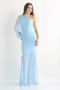Fashion Styled Vestido largo mesh drapeado asimétrico Azul Baby