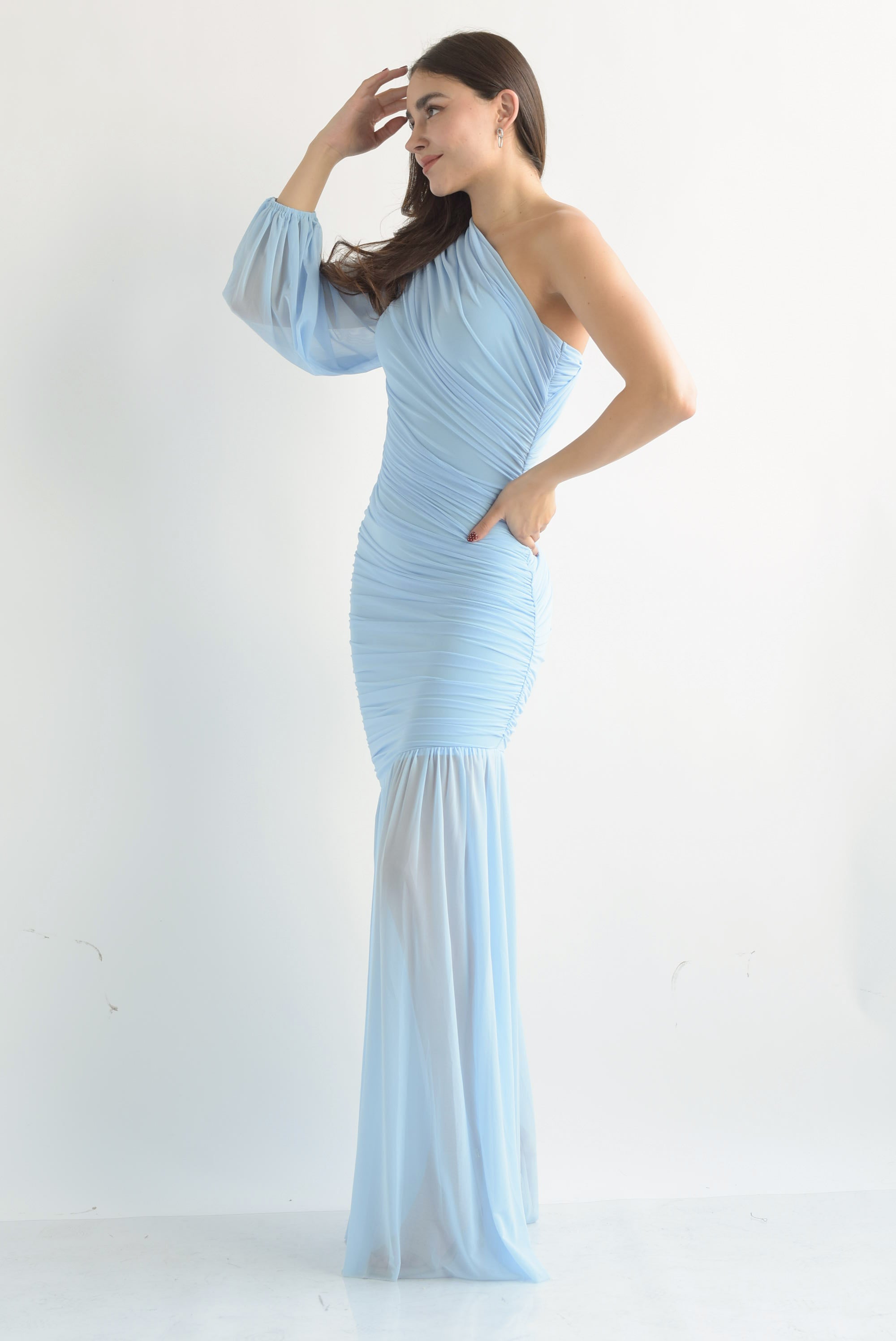 Vestido largo mesh drapeado asimétrico Azul Baby