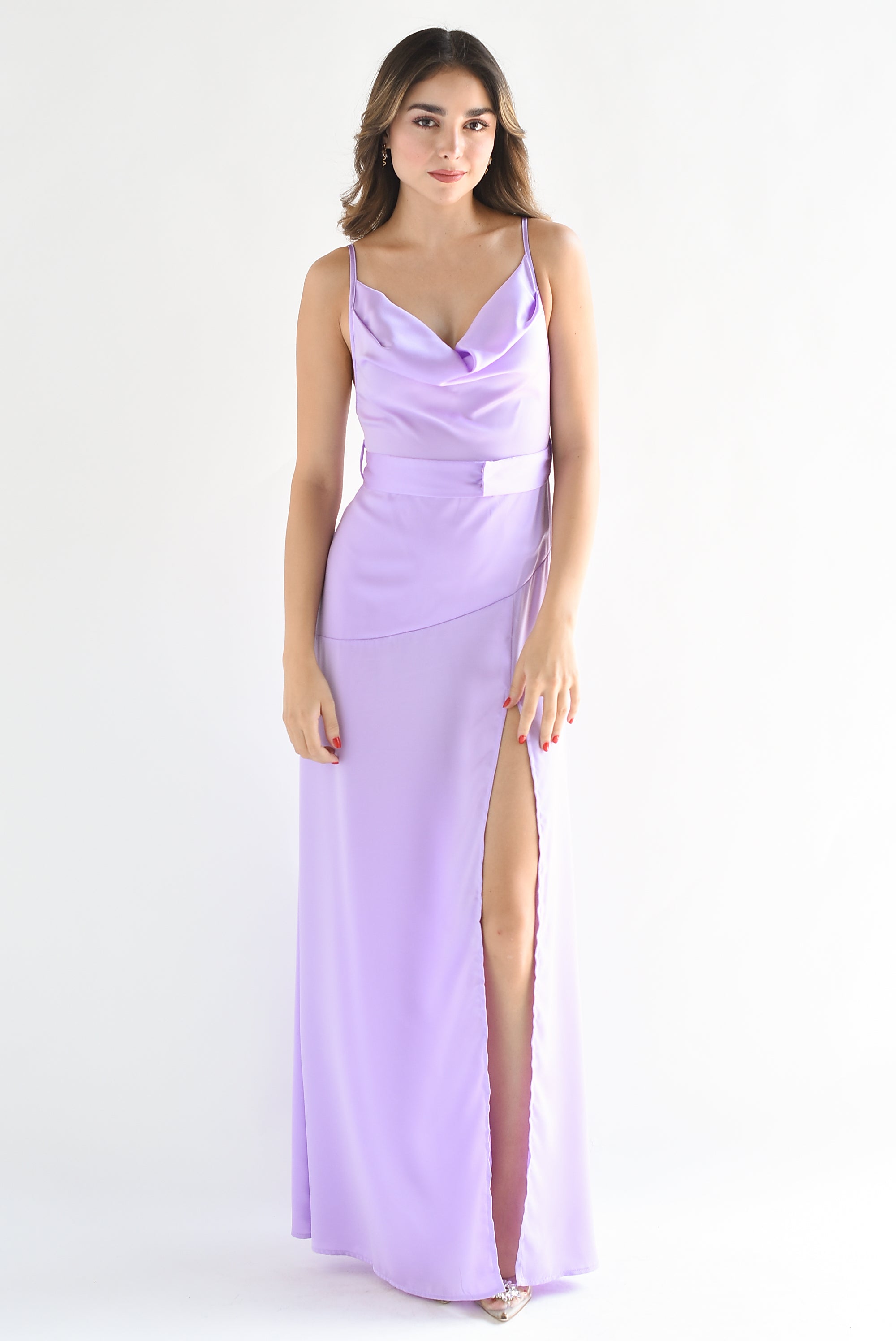 Vestido lencero con cinturón Lila