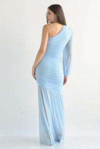 Fashion Styled Vestido largo mesh drapeado asimétrico Azul Baby