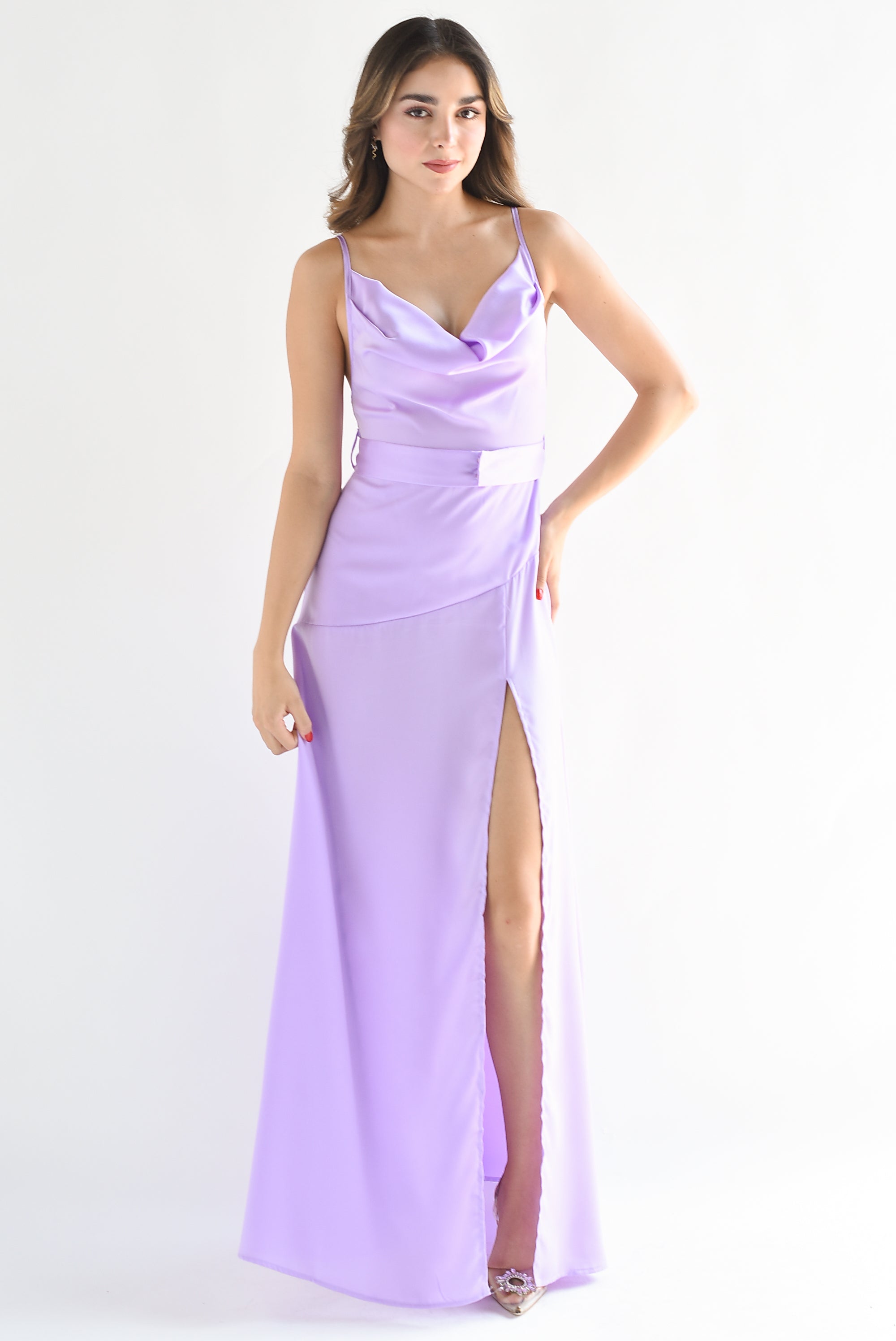 Vestido lencero con cinturón Lila
