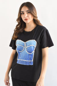 Fashion Styled T-Shirt corset perlas Negro