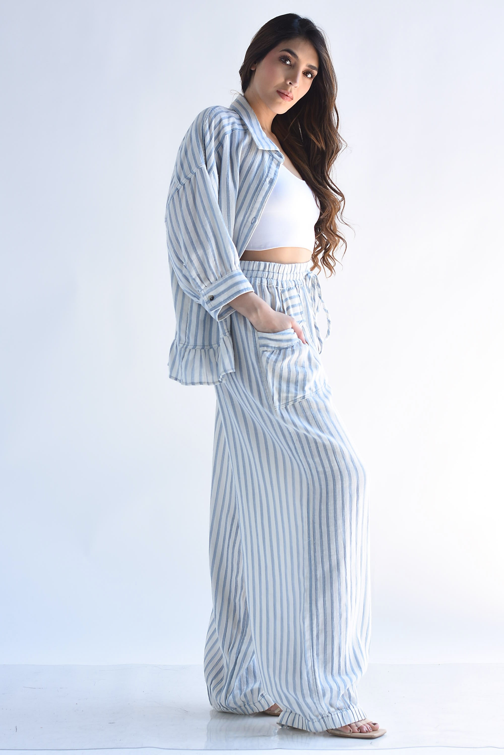 Set Pantalón globo y Blusa olán rayas