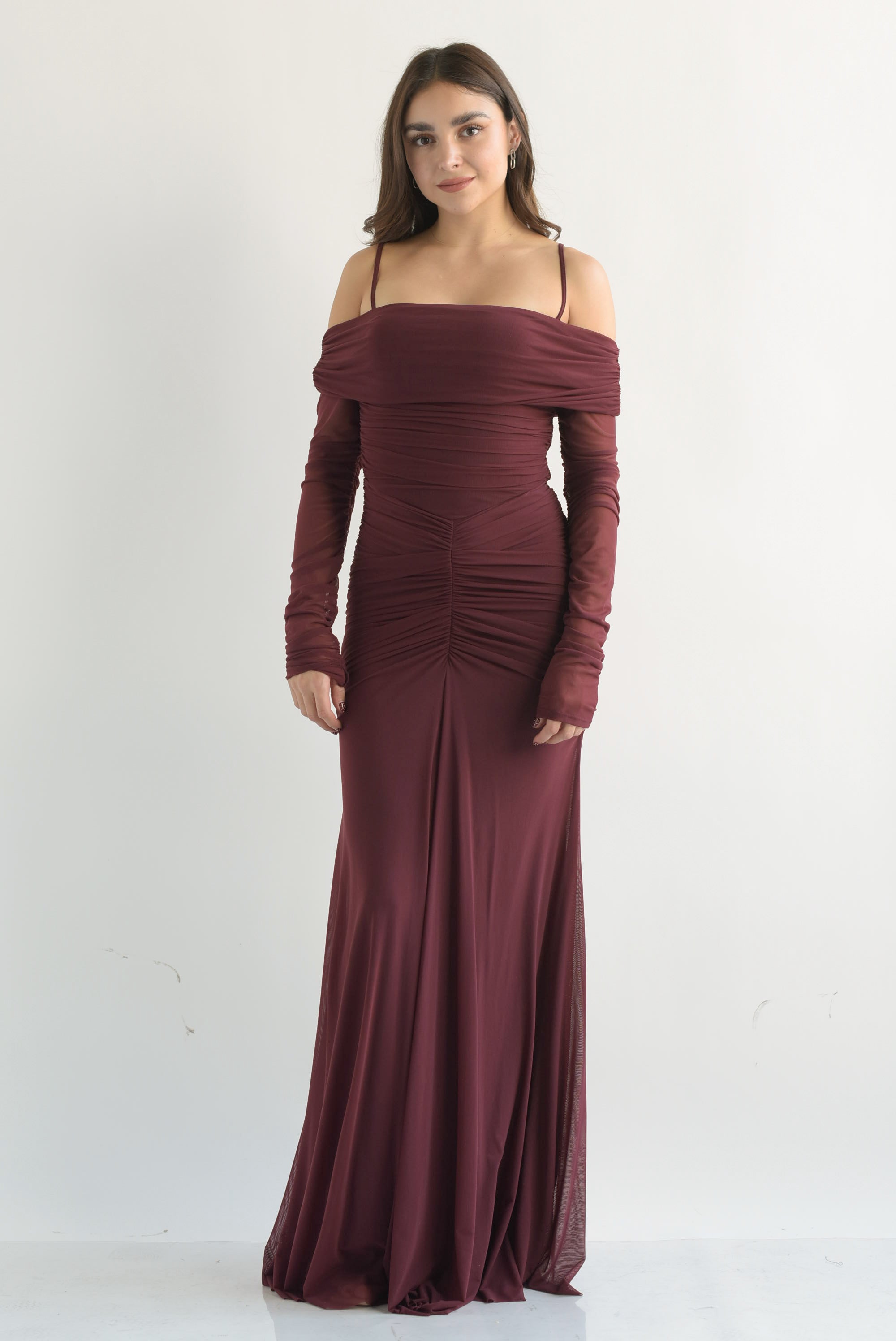 Vestido largo mesh off-shoulder drapeado Vino