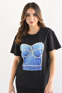 Fashion Styled T-Shirt corset perlas Negro