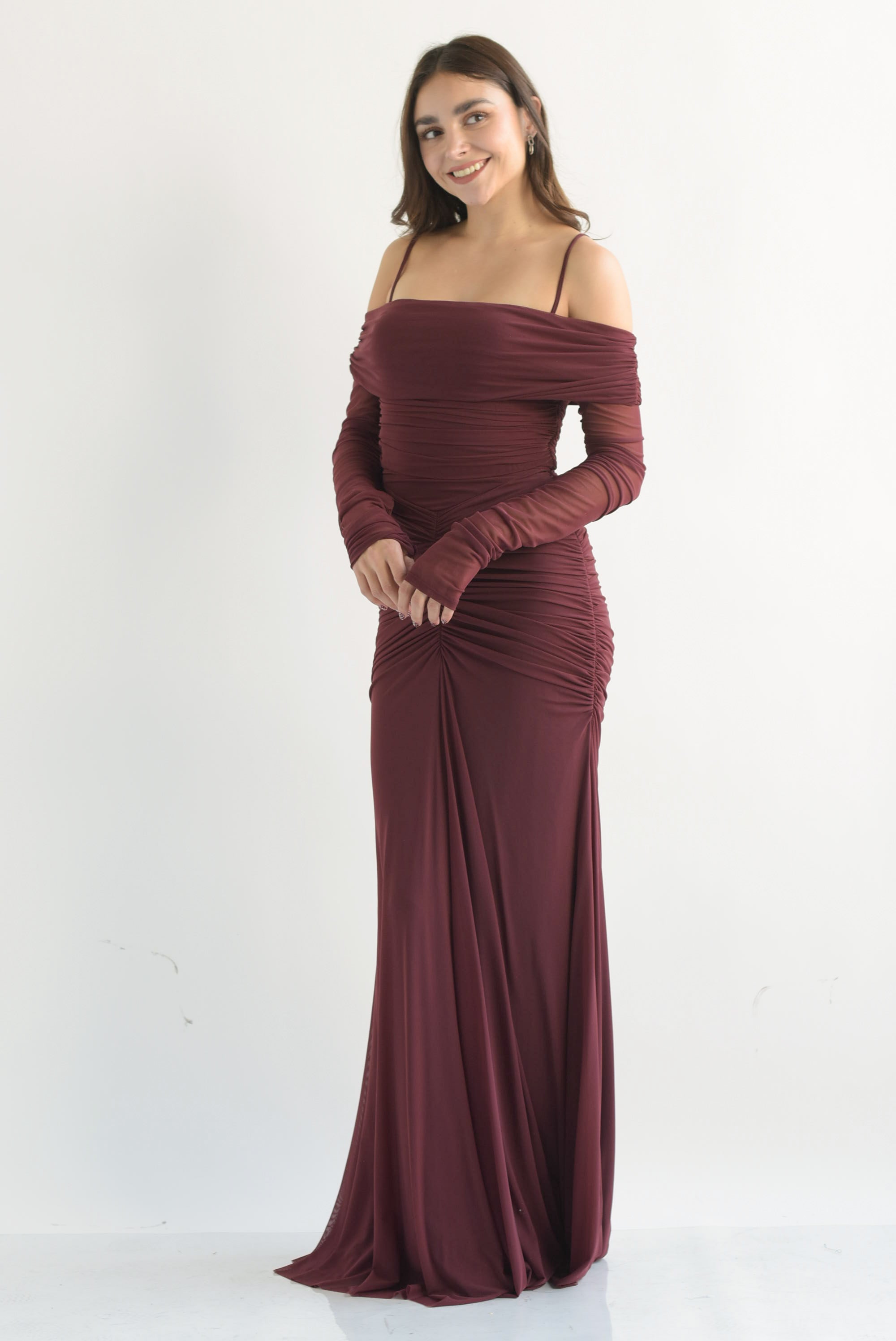 Vestido largo mesh off-shoulder drapeado Vino