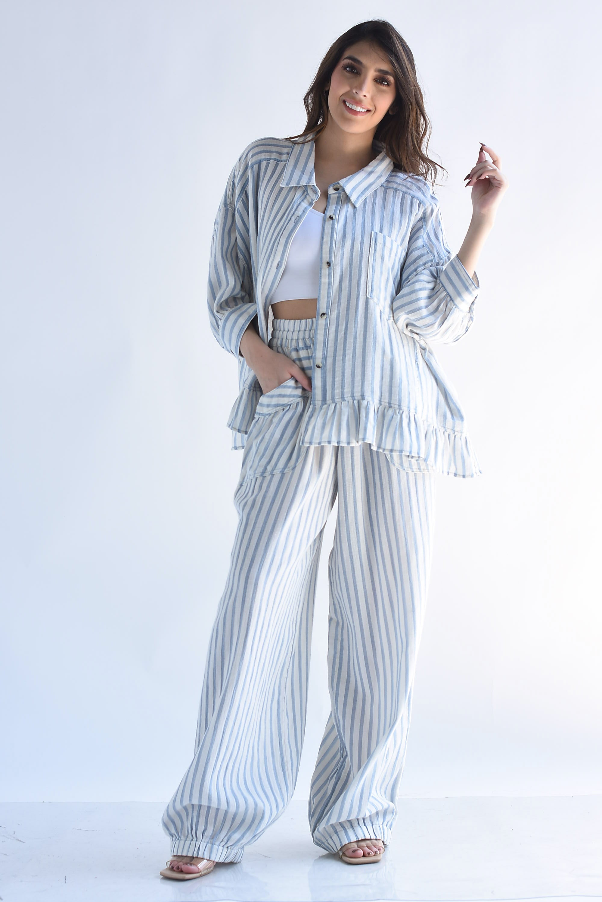 Set Pantalón globo y Blusa olán rayas