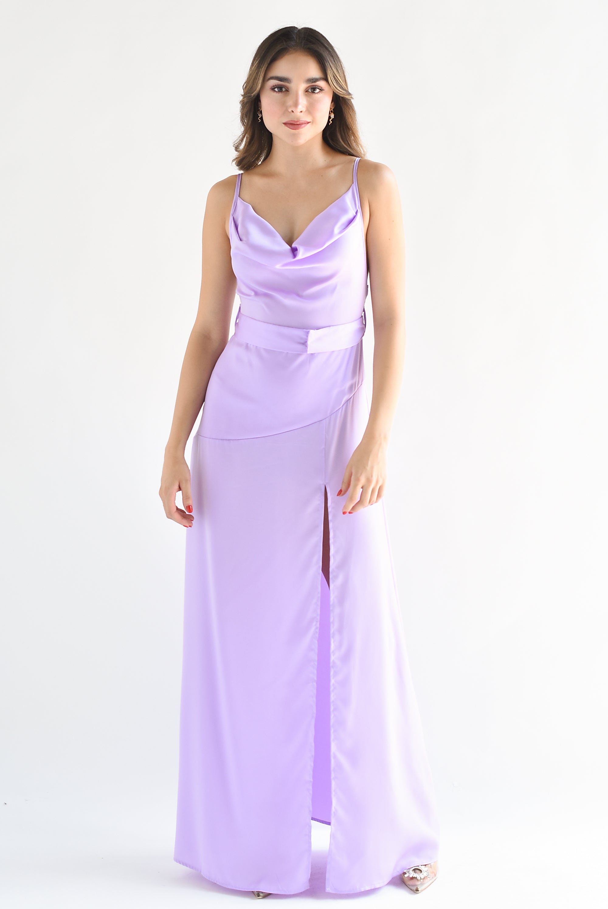 Vestido lencero con cinturón Lila