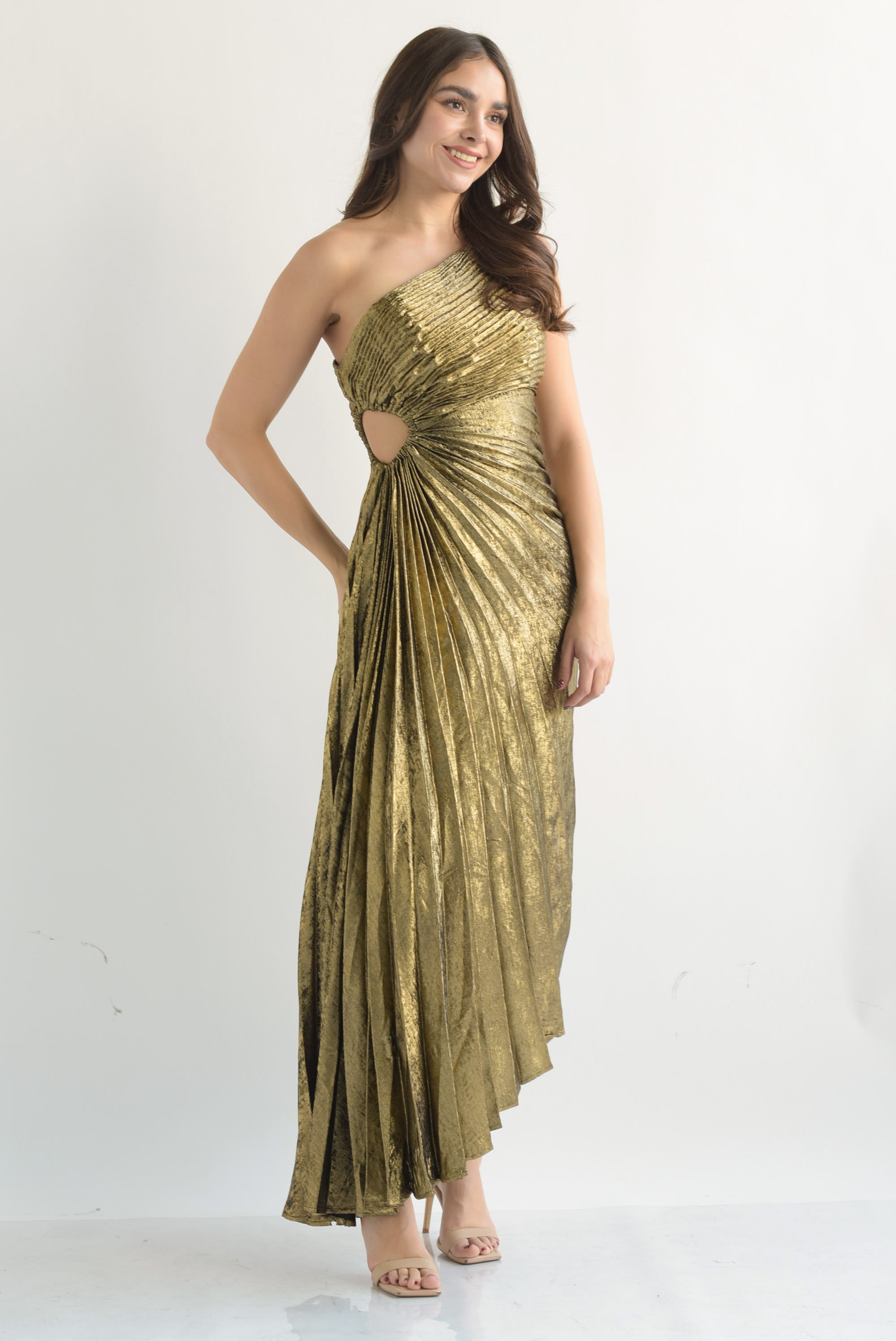 Vestido largo asimétrico metálico vintage Dorado