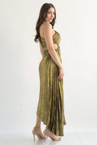 Fashion Styled Vestido largo asimétrico metálico vintage Dorado