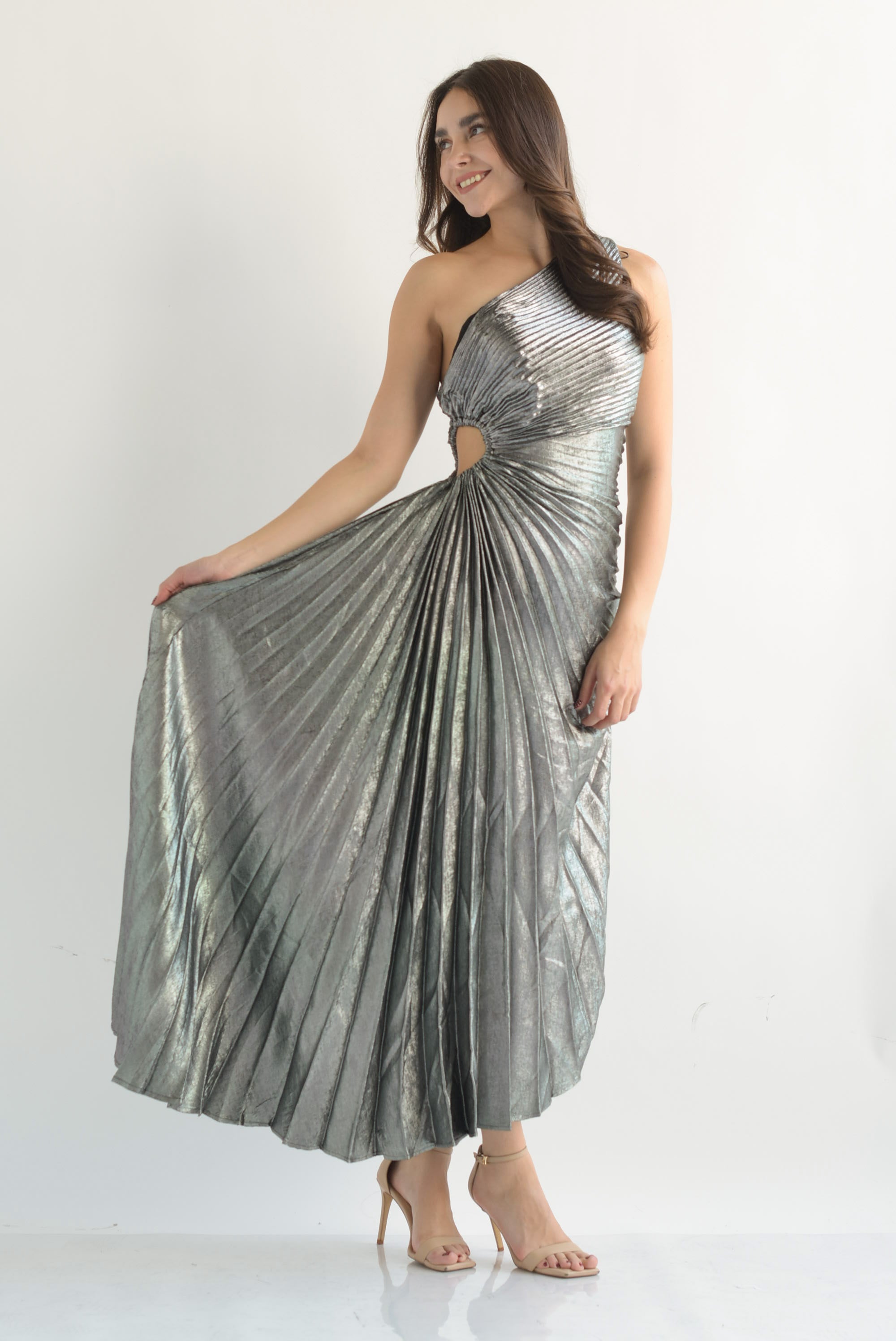 Vestido largo asimétrico metálico vintage Plata