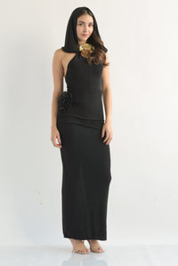 Fashion Styled Vestido largo halter con balaclava Negro