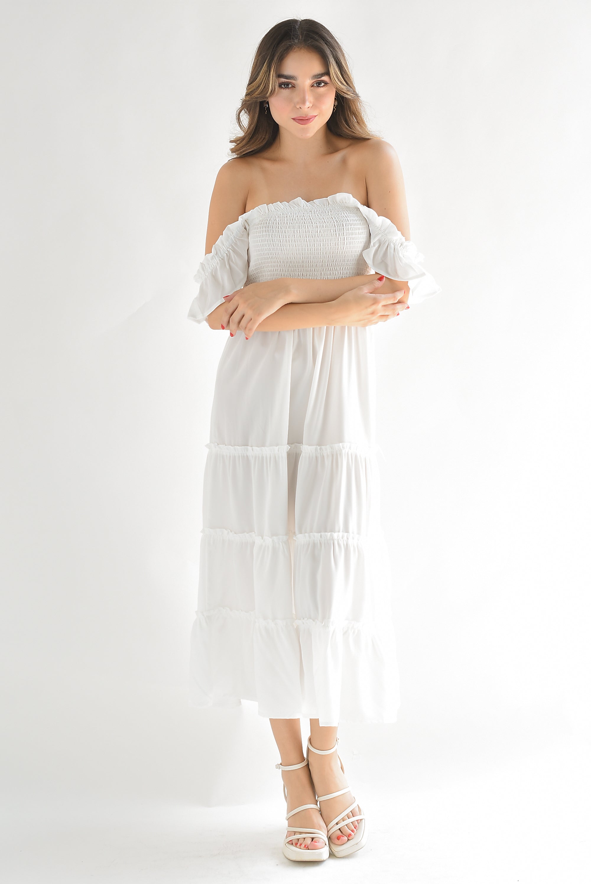 Vestido midi  torso elástico Blanco