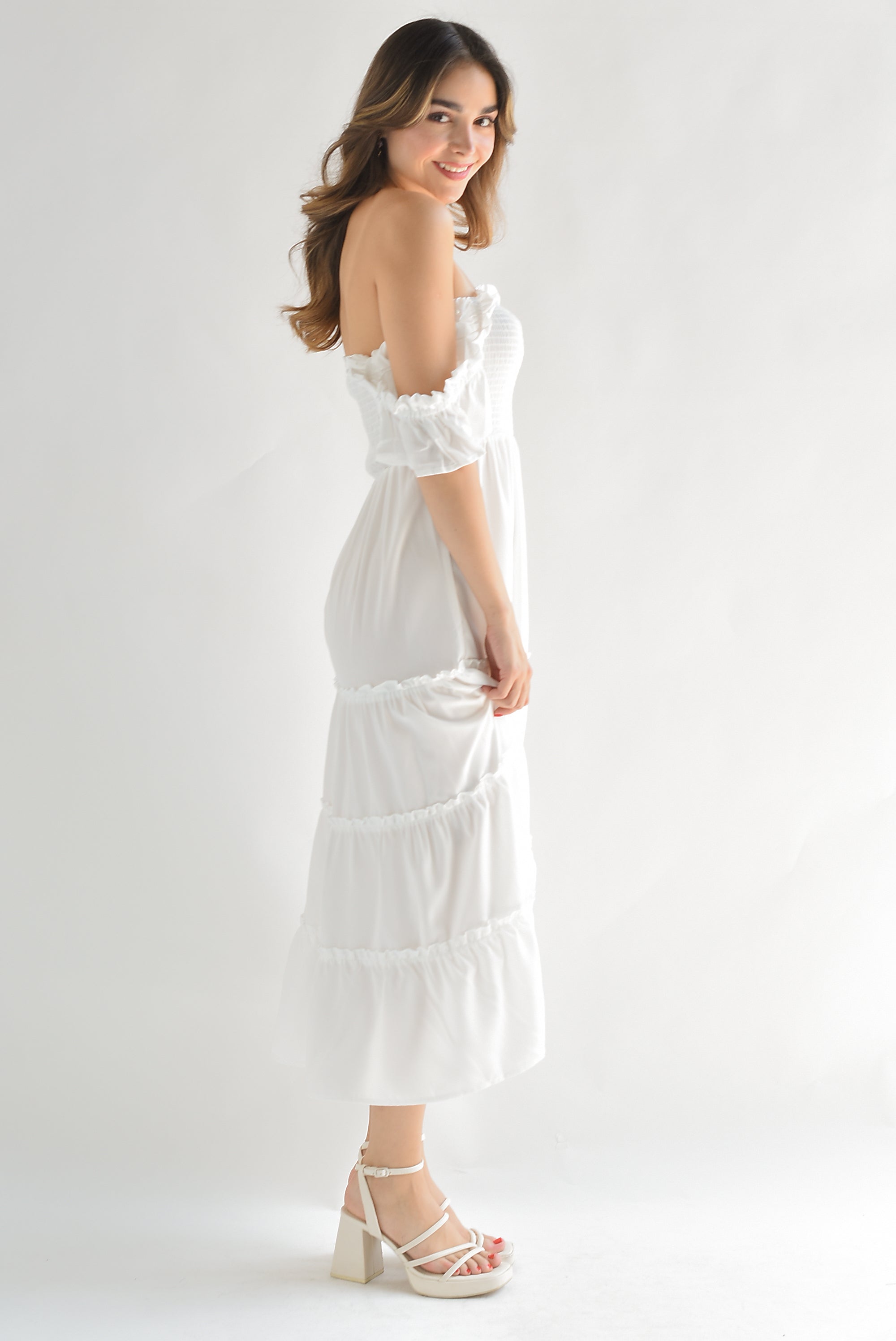 Vestido midi  torso elástico Blanco