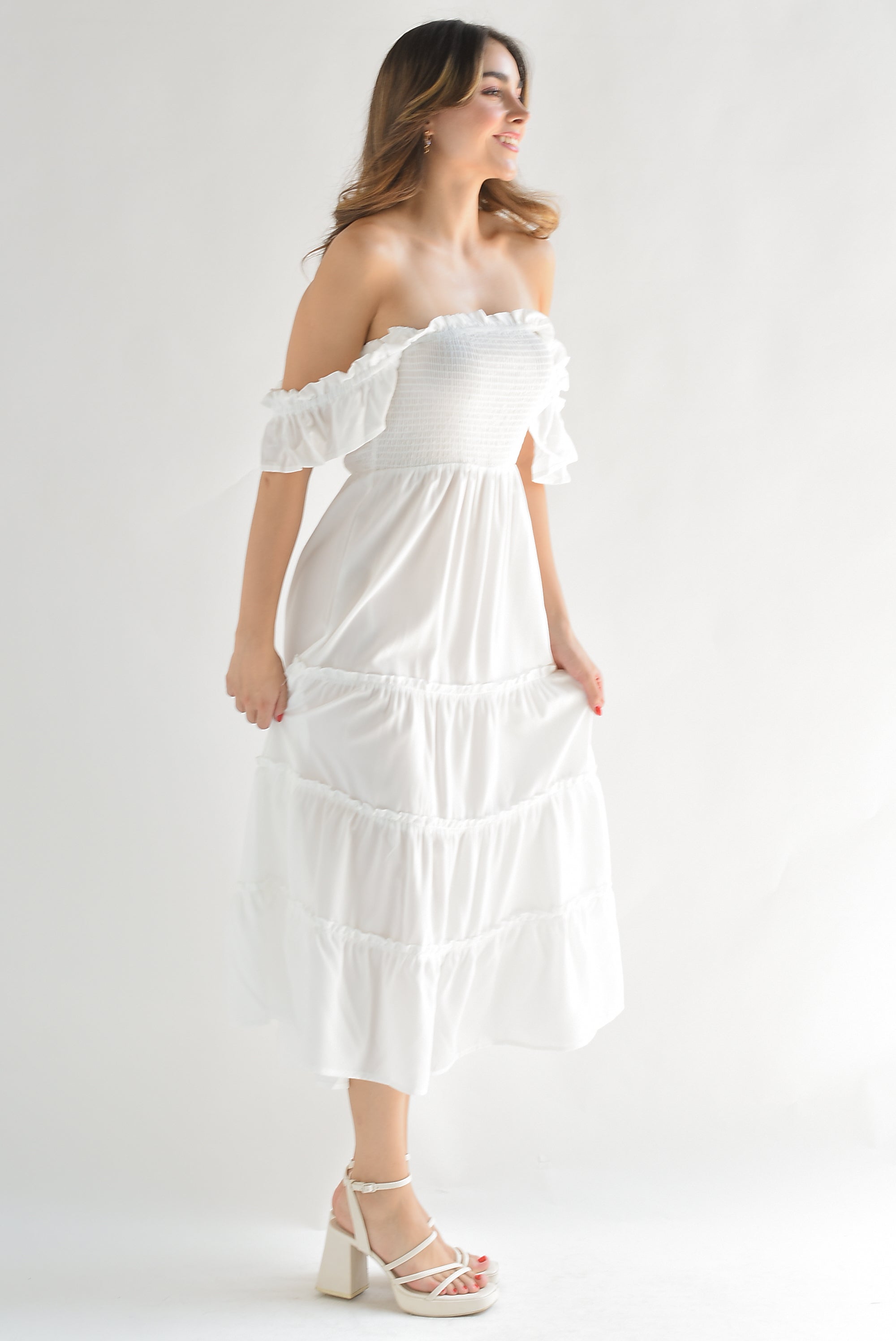 Vestido midi  torso elástico Blanco