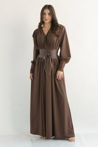 Fashion Styled Maxi vestido largo licra con fajín Espresso