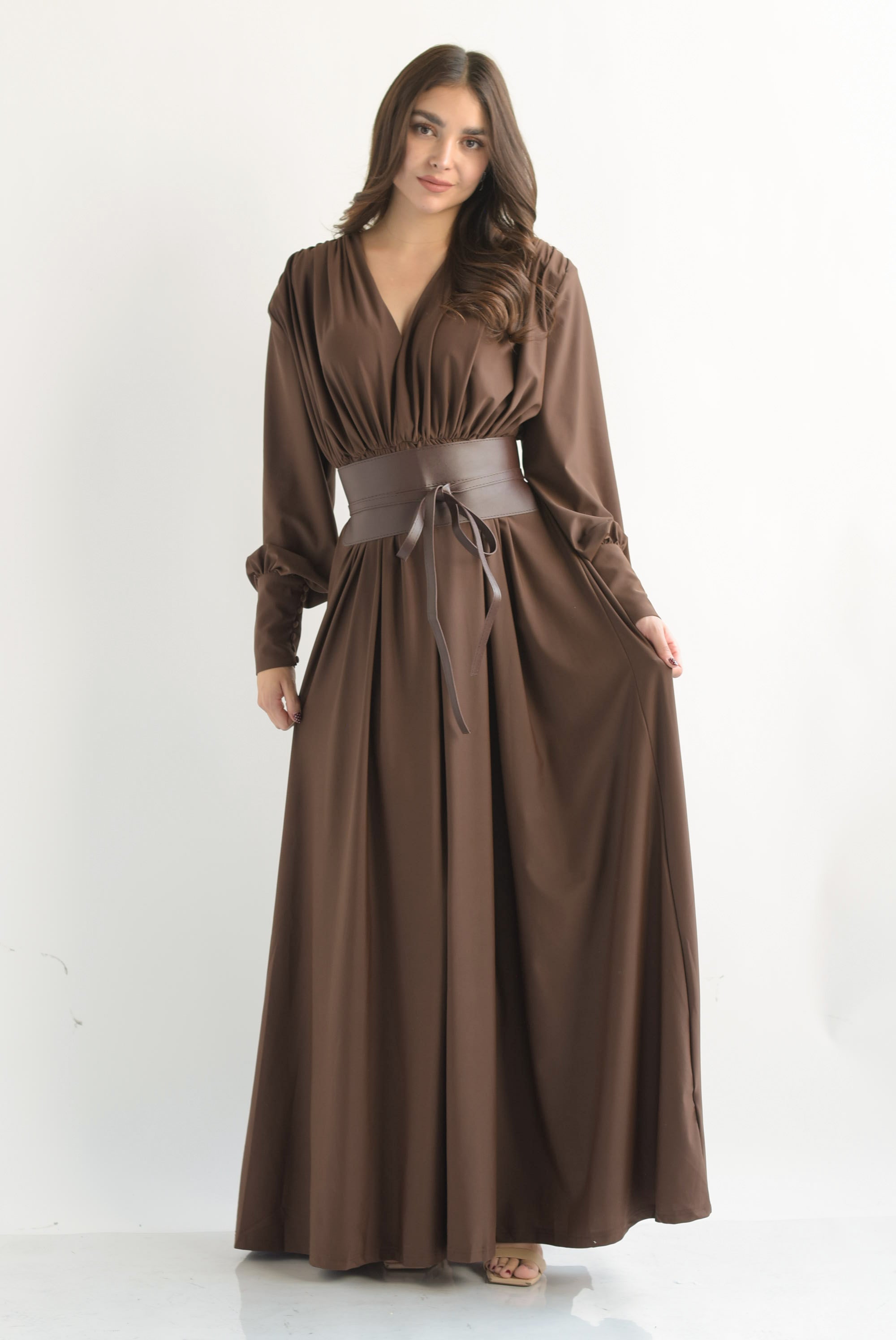 Maxi vestido largo licra con fajín Espresso
