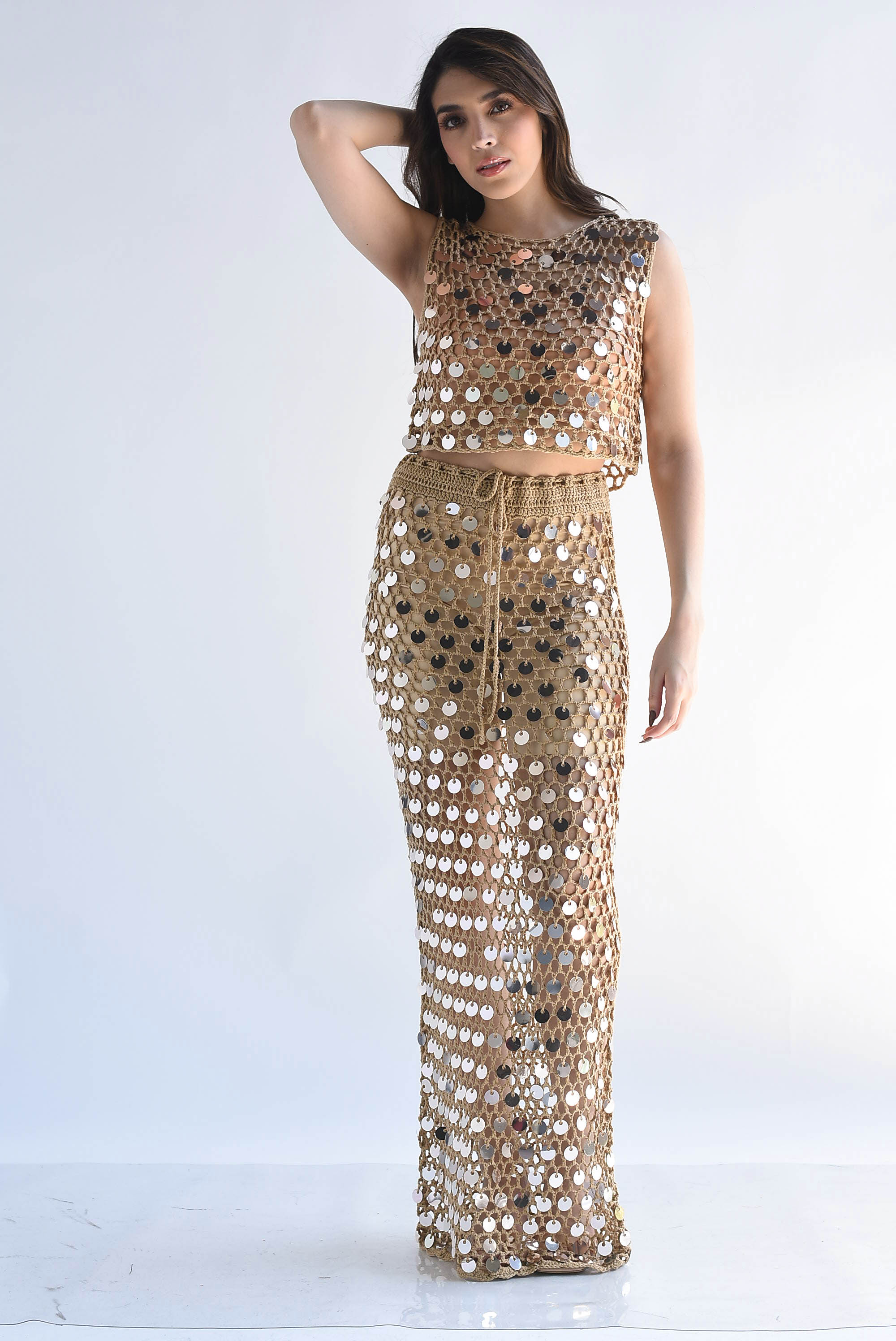 Set Falda larga y Top crochet lentejuela chunky