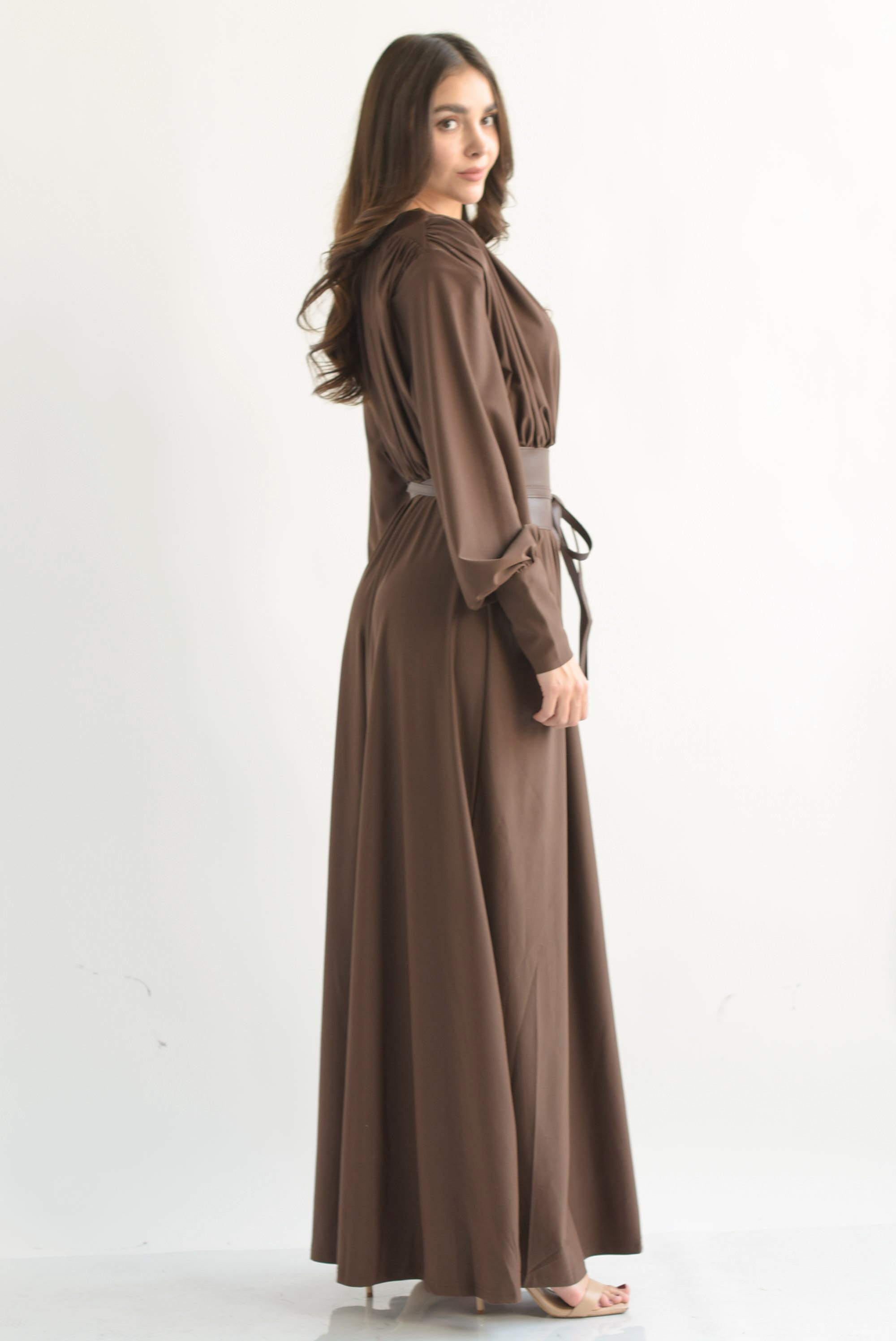 Maxi vestido largo licra con fajín Espresso