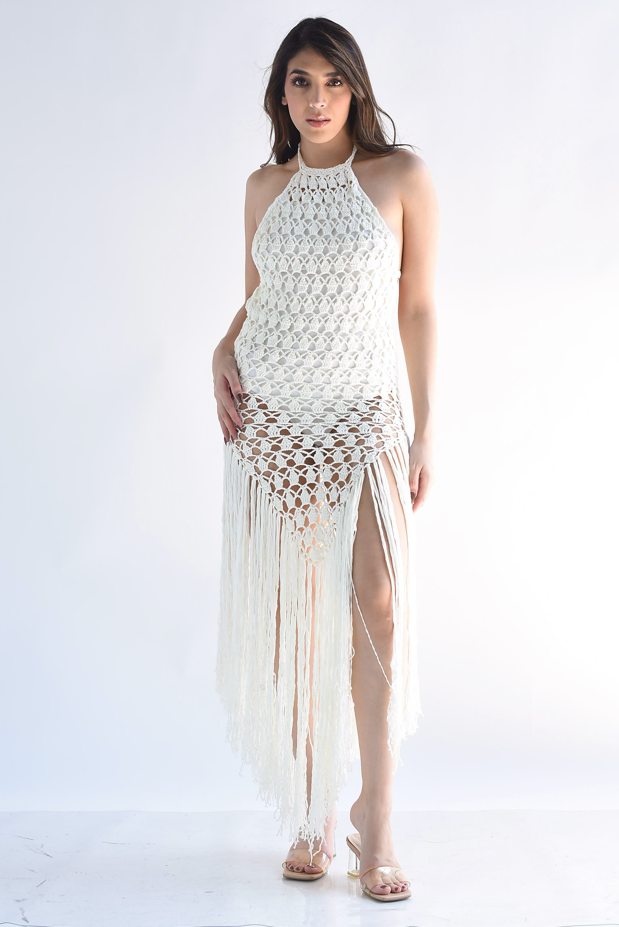 Vestido crochet halter flecos
