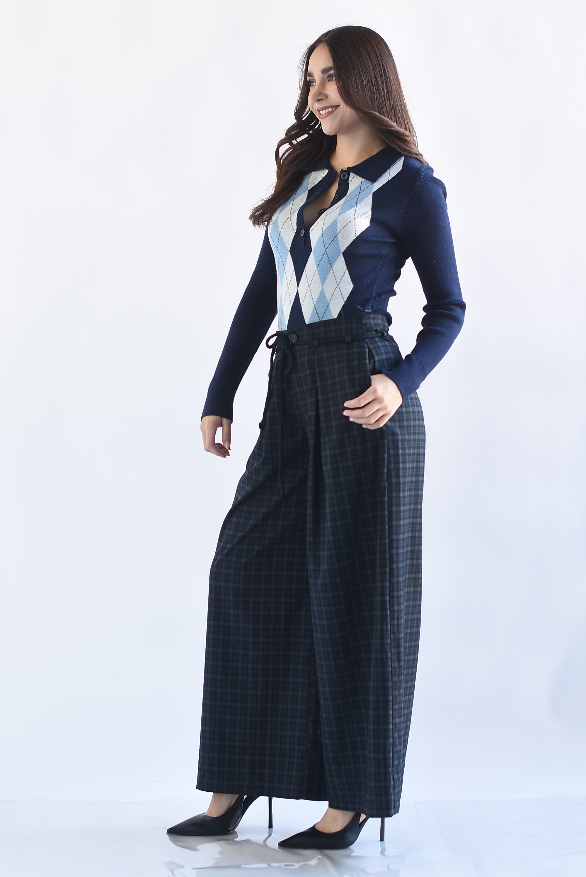 Pantalón wide leg cuadros jareta