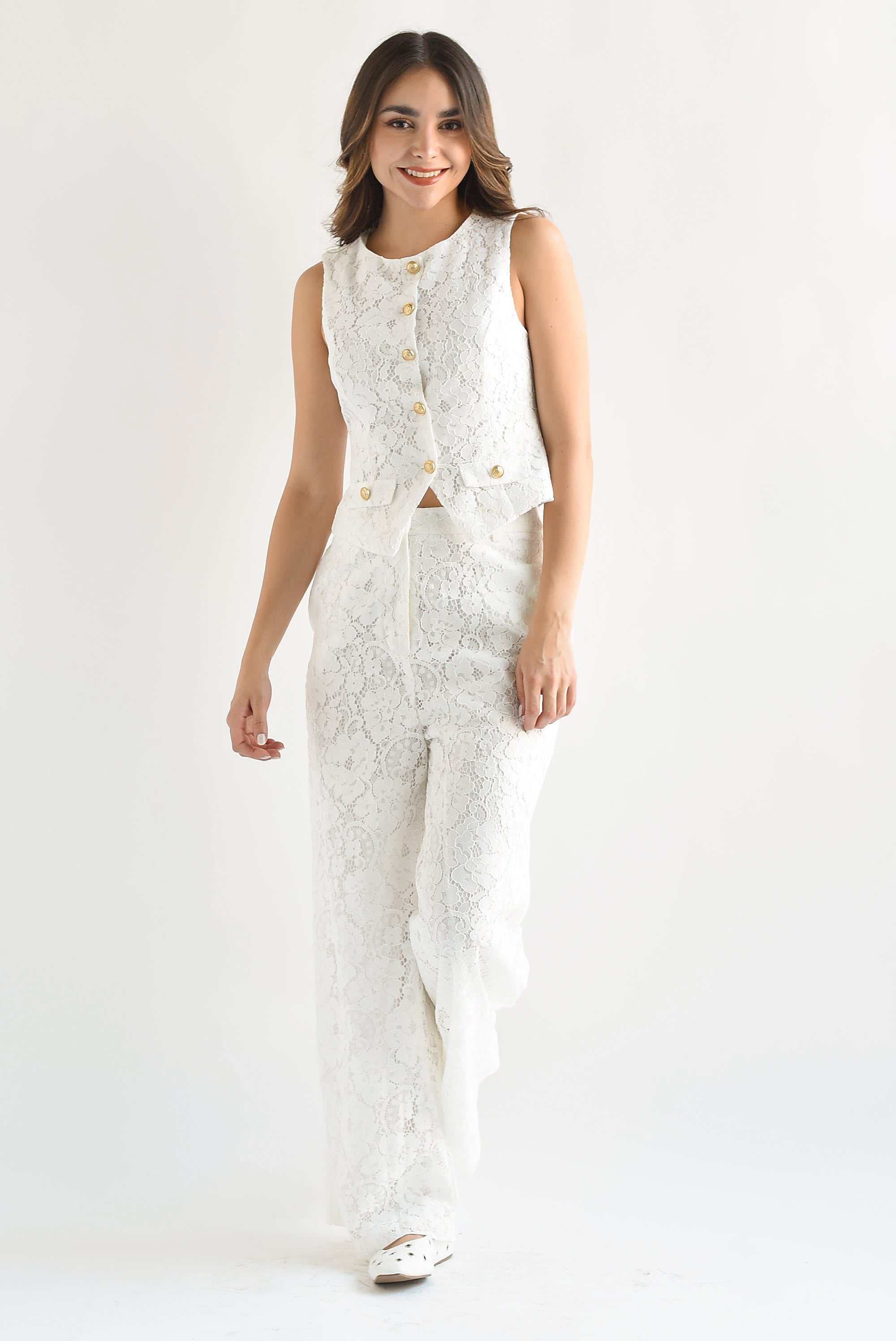 Set Pantalón wide y Chaleco Encaje Blanco