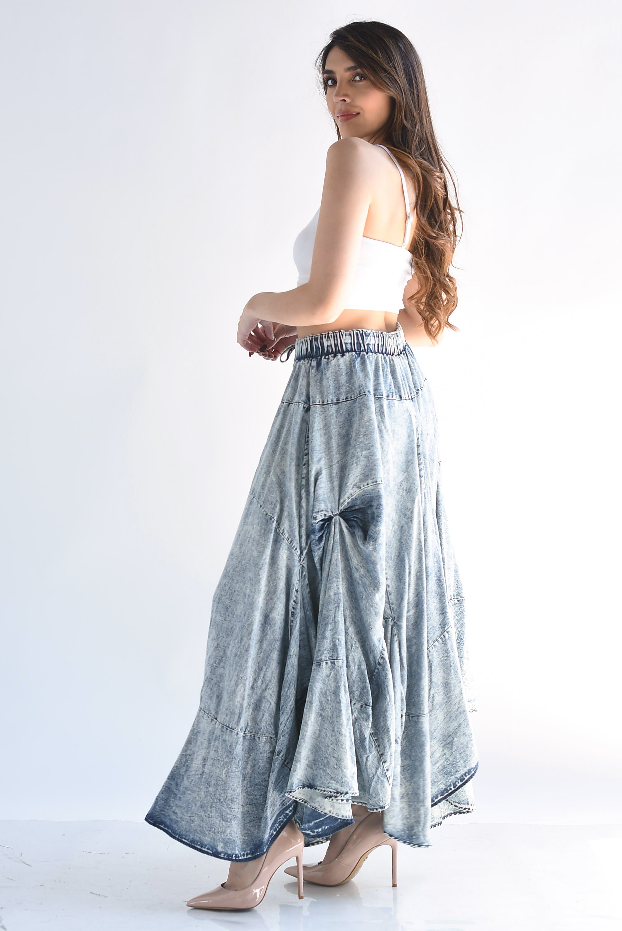Maxi Falda Denim asimétrica acidwash
