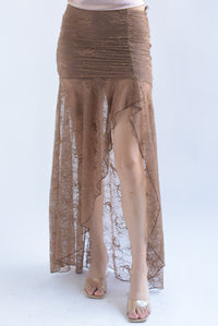 Fashion Styled Falda drapeada abertura encaje Café