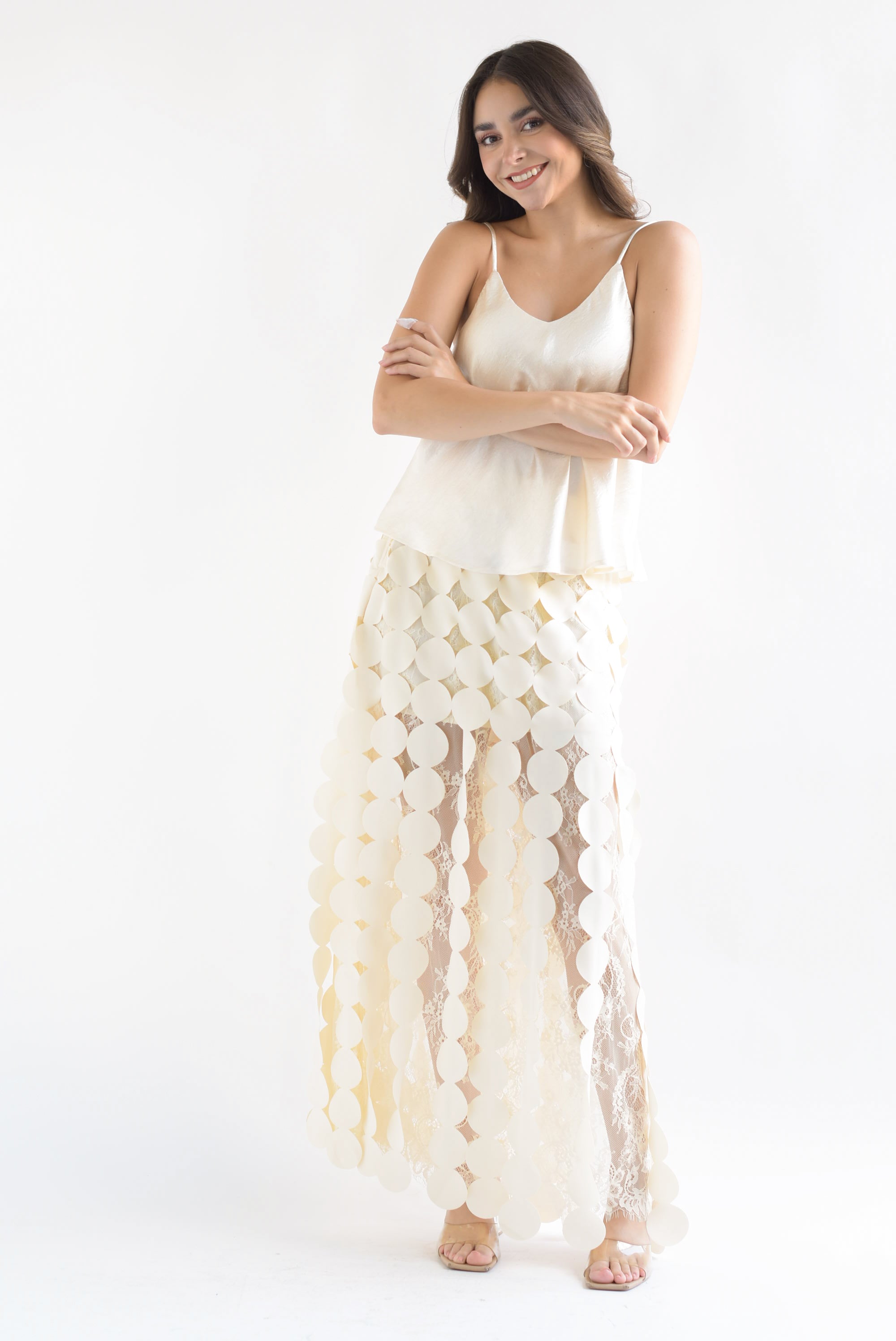 Falda flecos círculos encaje Ivory