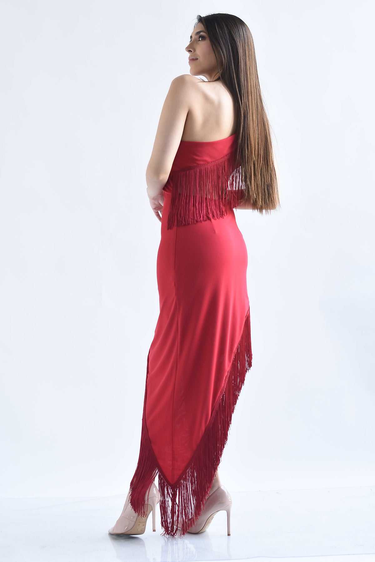 Vestido mesh asimétrico cut-out flecos