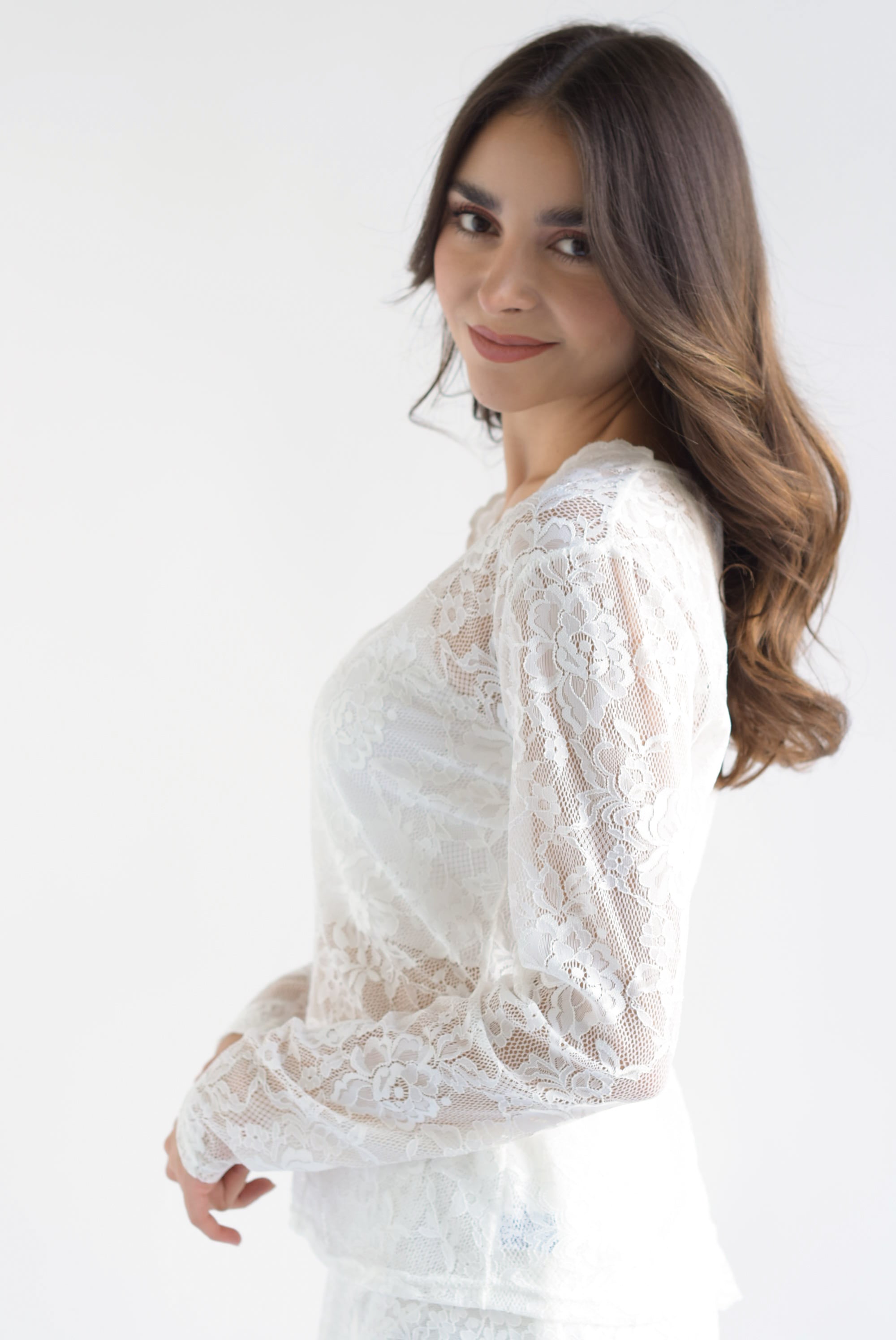 Blusa manga larga cuello V encaje Blanco
