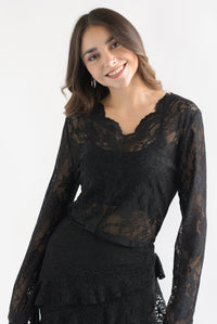 Fashion Styled Blusa manga larga cuello V encaje Negro