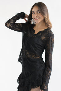 Fashion Styled Blusa manga larga cuello V encaje Negro