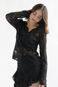 Fashion Styled Blusa manga larga cuello V encaje Negro