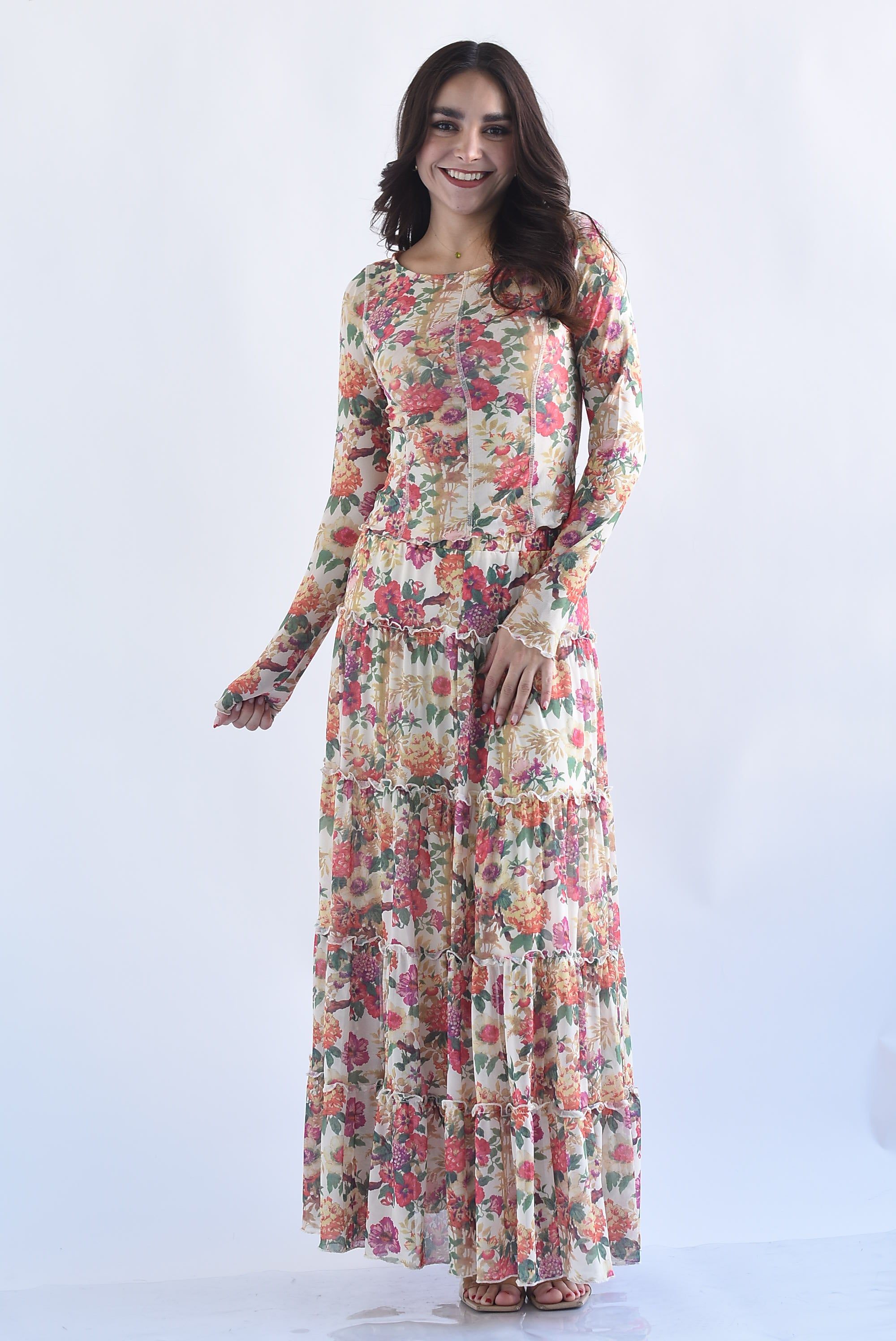 Set Falda olanes y Blusa mesh costuras flores