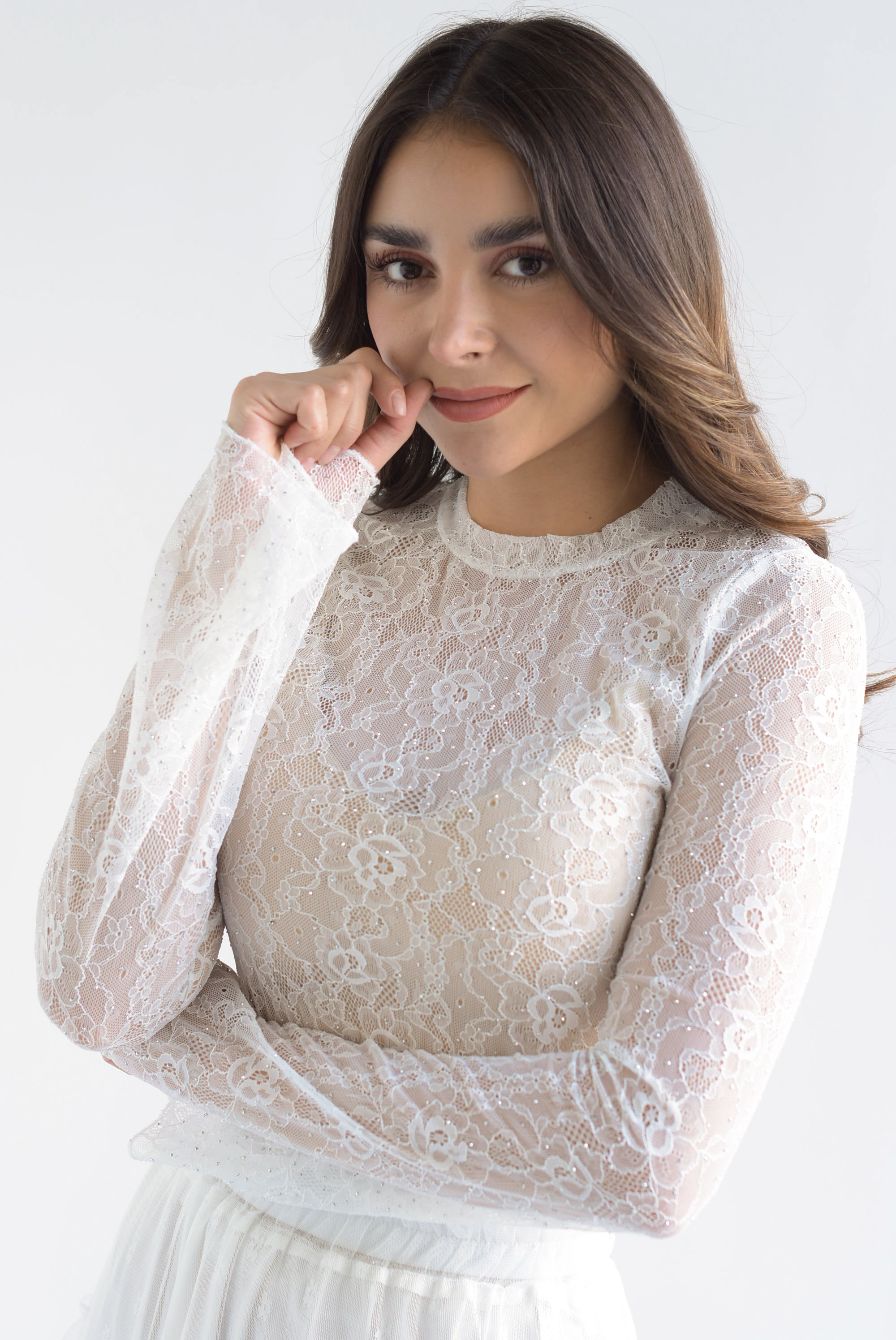 Blusa manga larga encaje brillos Blanco