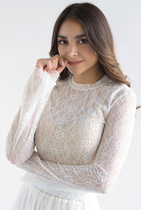 Fashion Styled Blusa manga larga encaje brillos Blanco