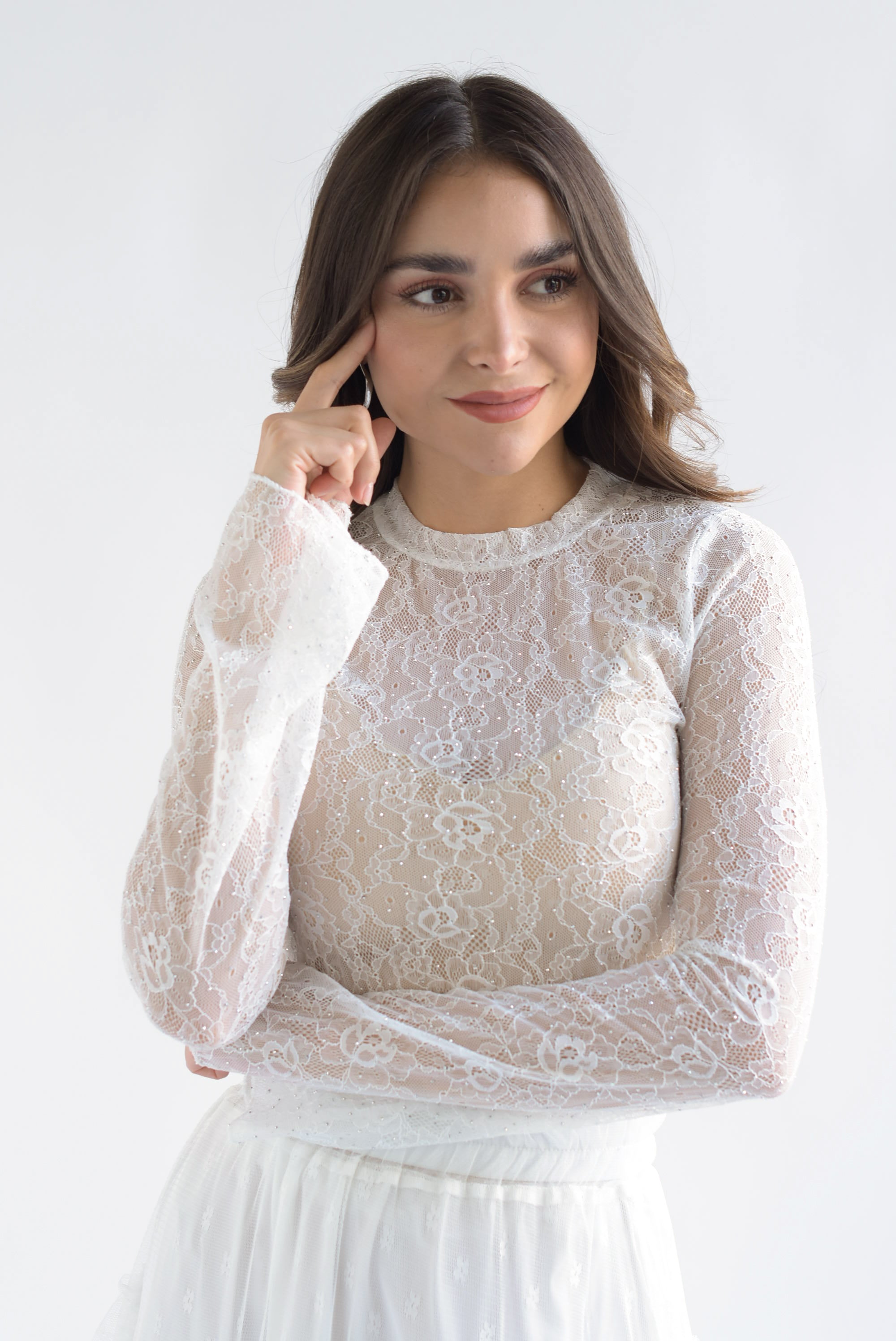 Blusa manga larga encaje brillos Blanco