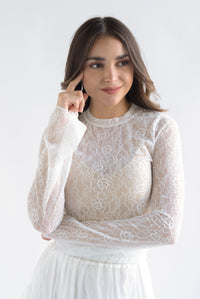 Fashion Styled Blusa manga larga encaje brillos Blanco