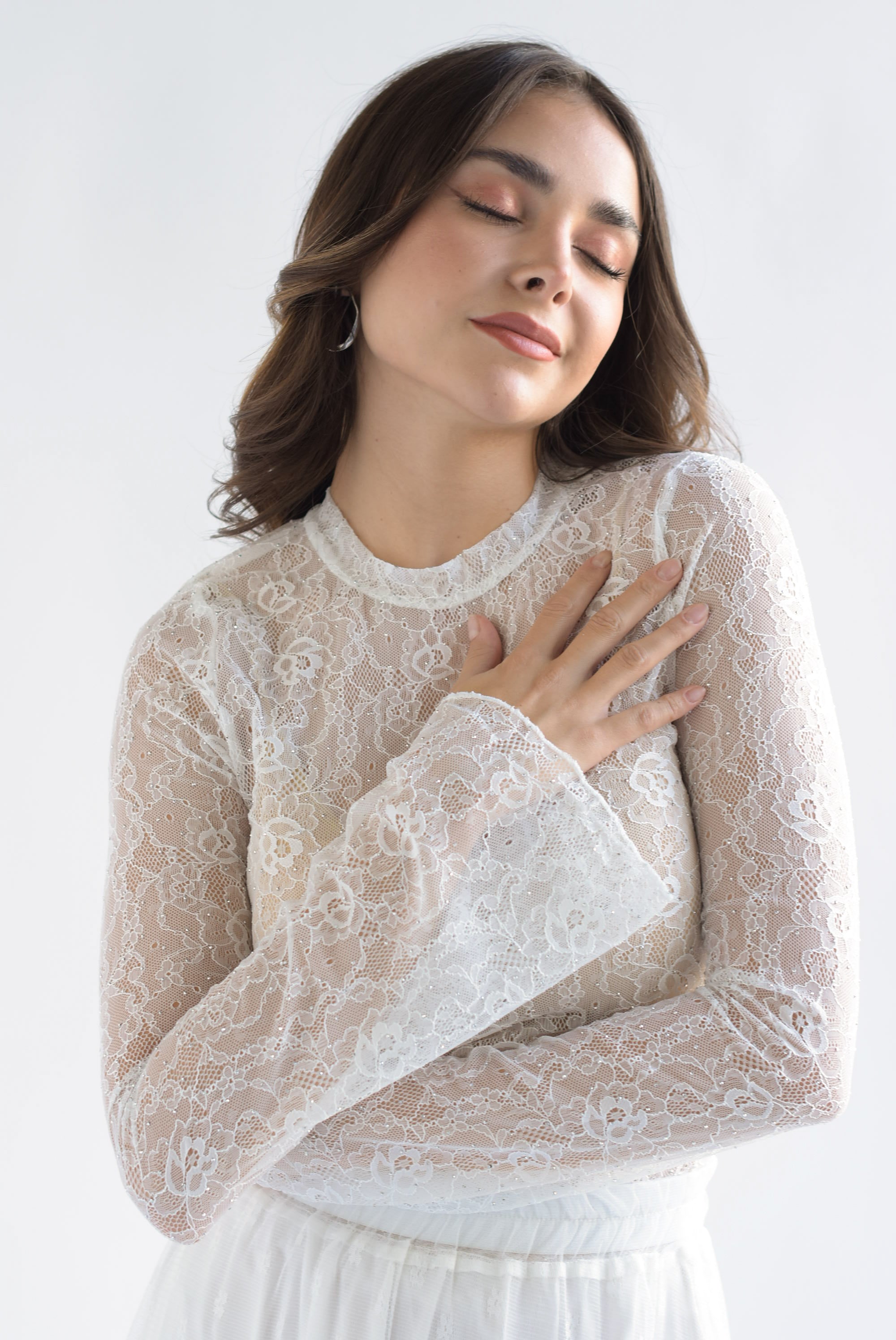 Blusa manga larga encaje brillos Blanco