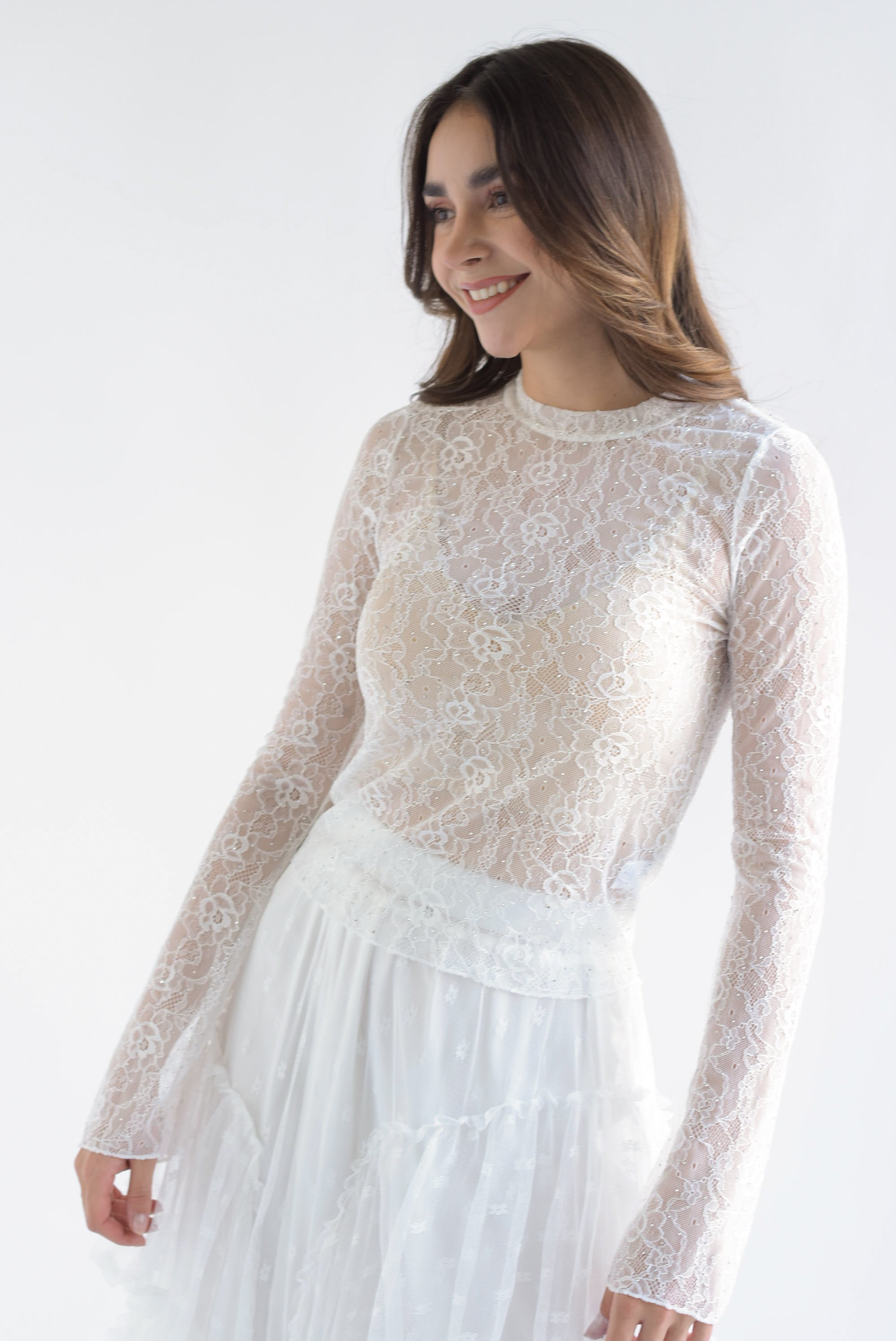 Blusa manga larga encaje brillos Blanco