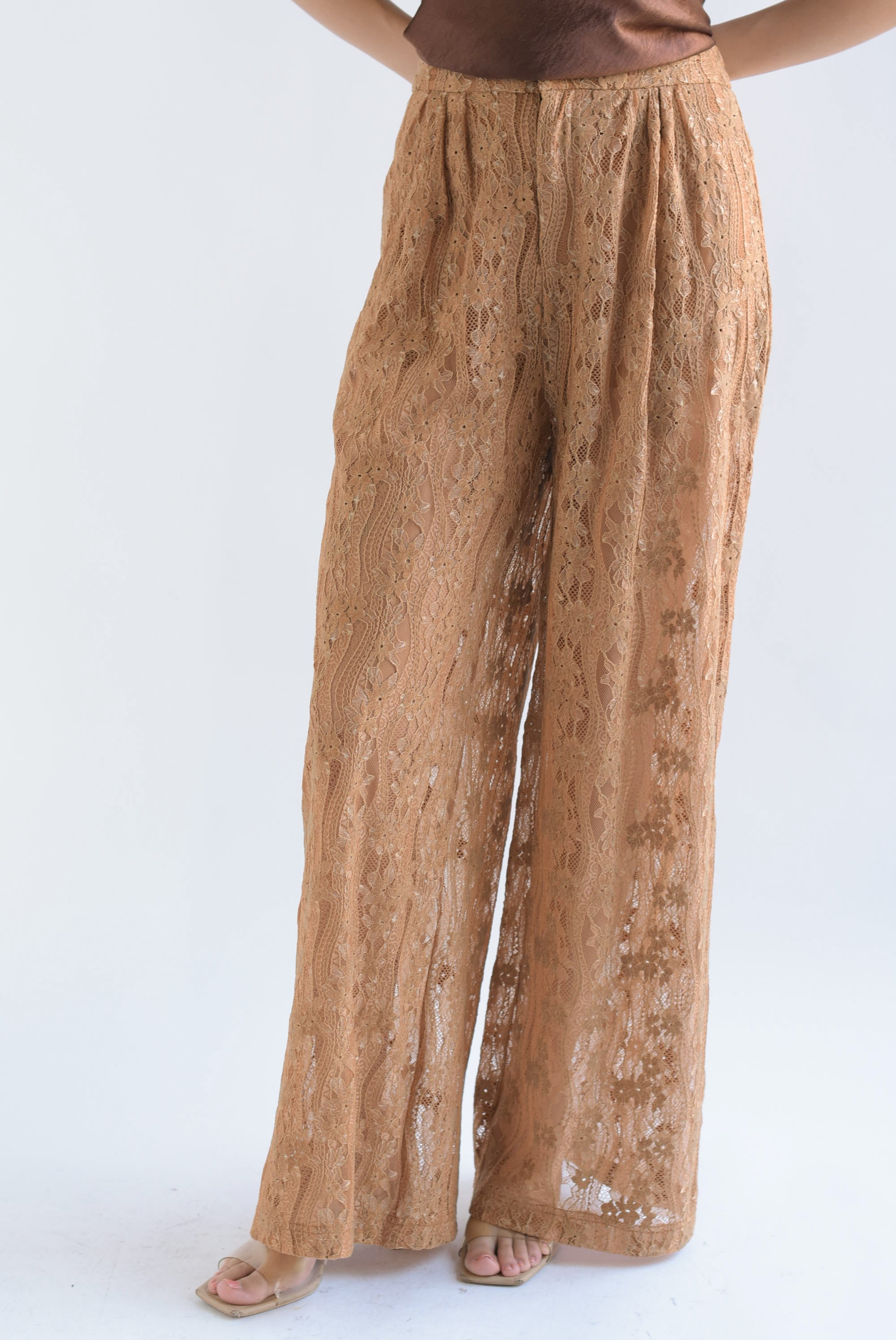 Pantalón wide encaje Camel