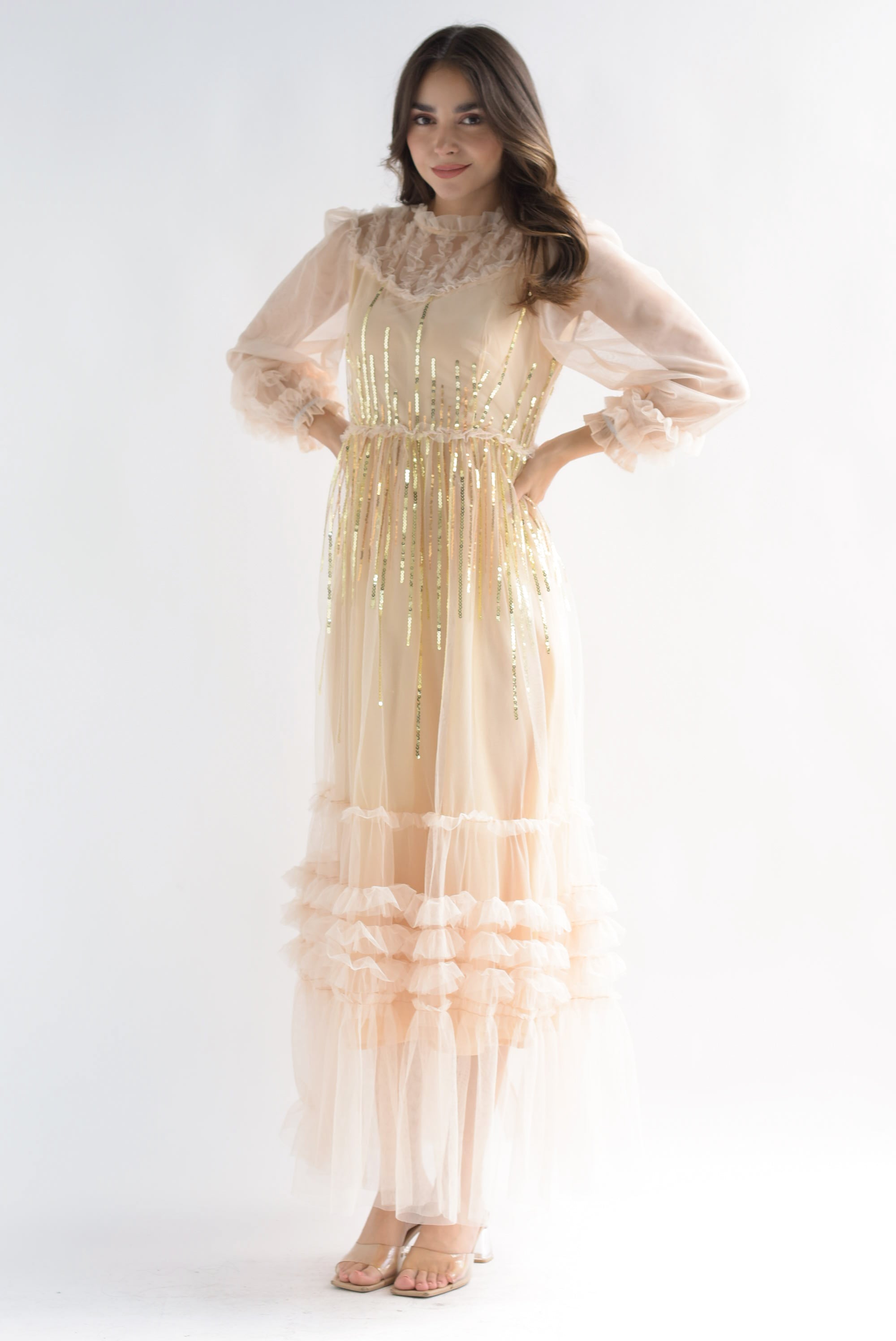 Vestido largo tulle lentejuelas Beige