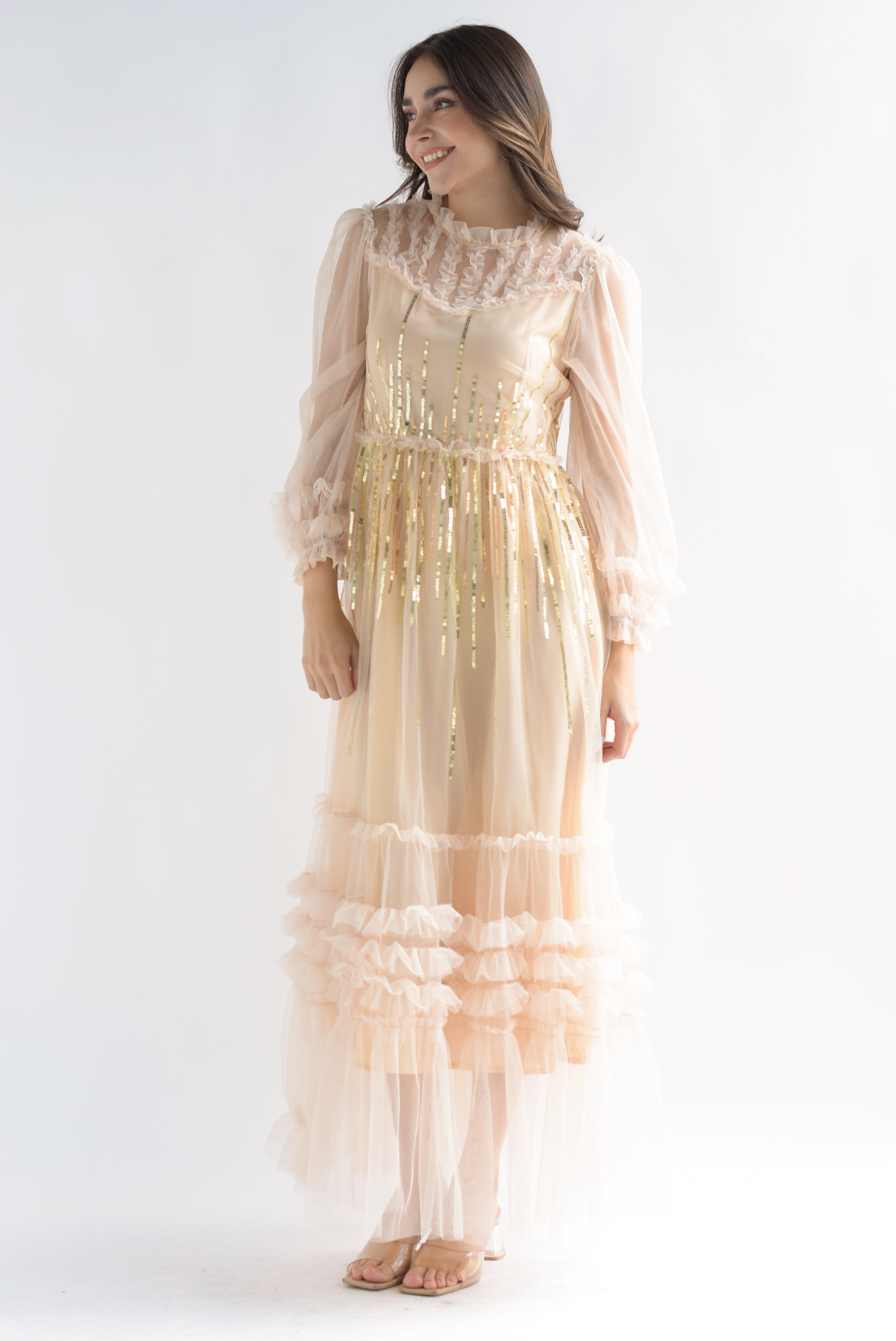 Vestido largo tulle lentejuelas Beige