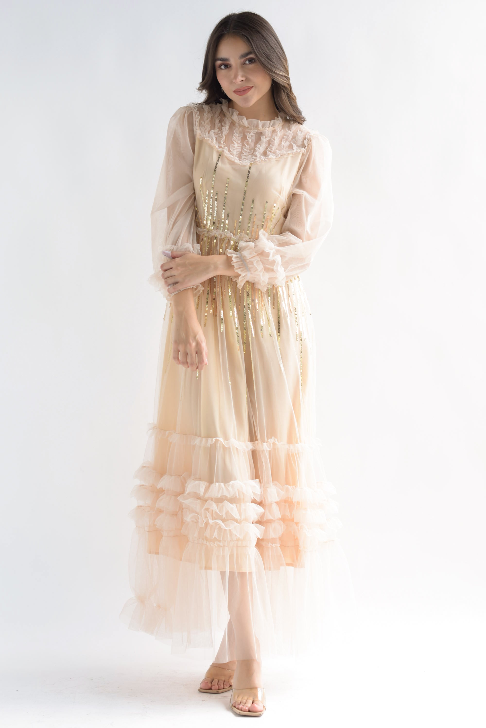 Vestido largo tulle lentejuelas Beige