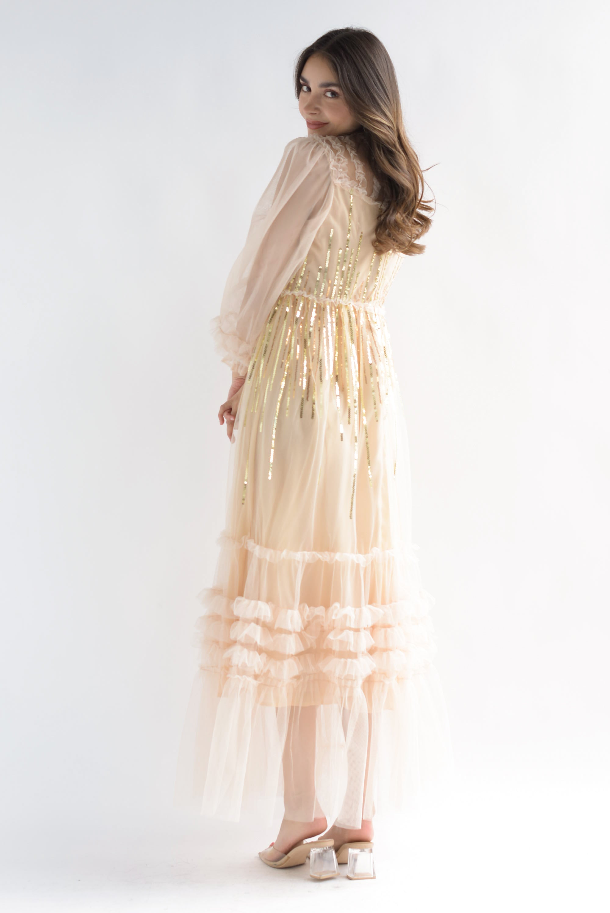 Vestido largo tulle lentejuelas Beige