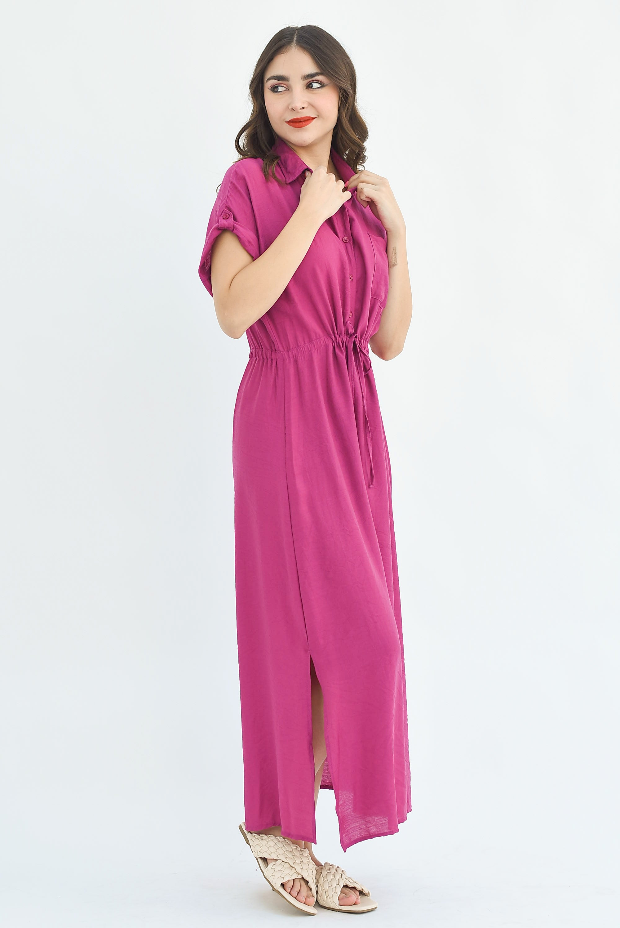 Vestido camisero largo cargo Magenta