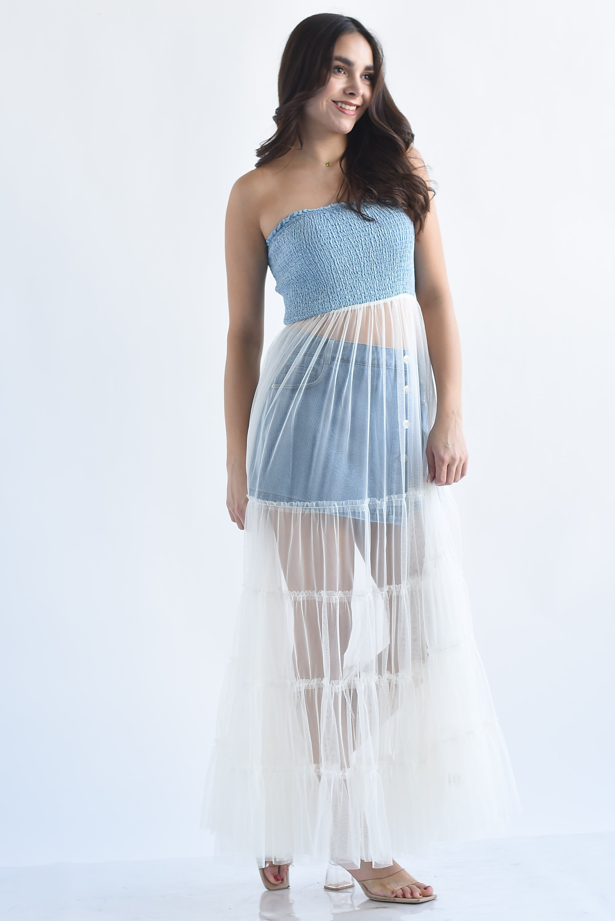 Maxi blusa top elástico denim con tulle